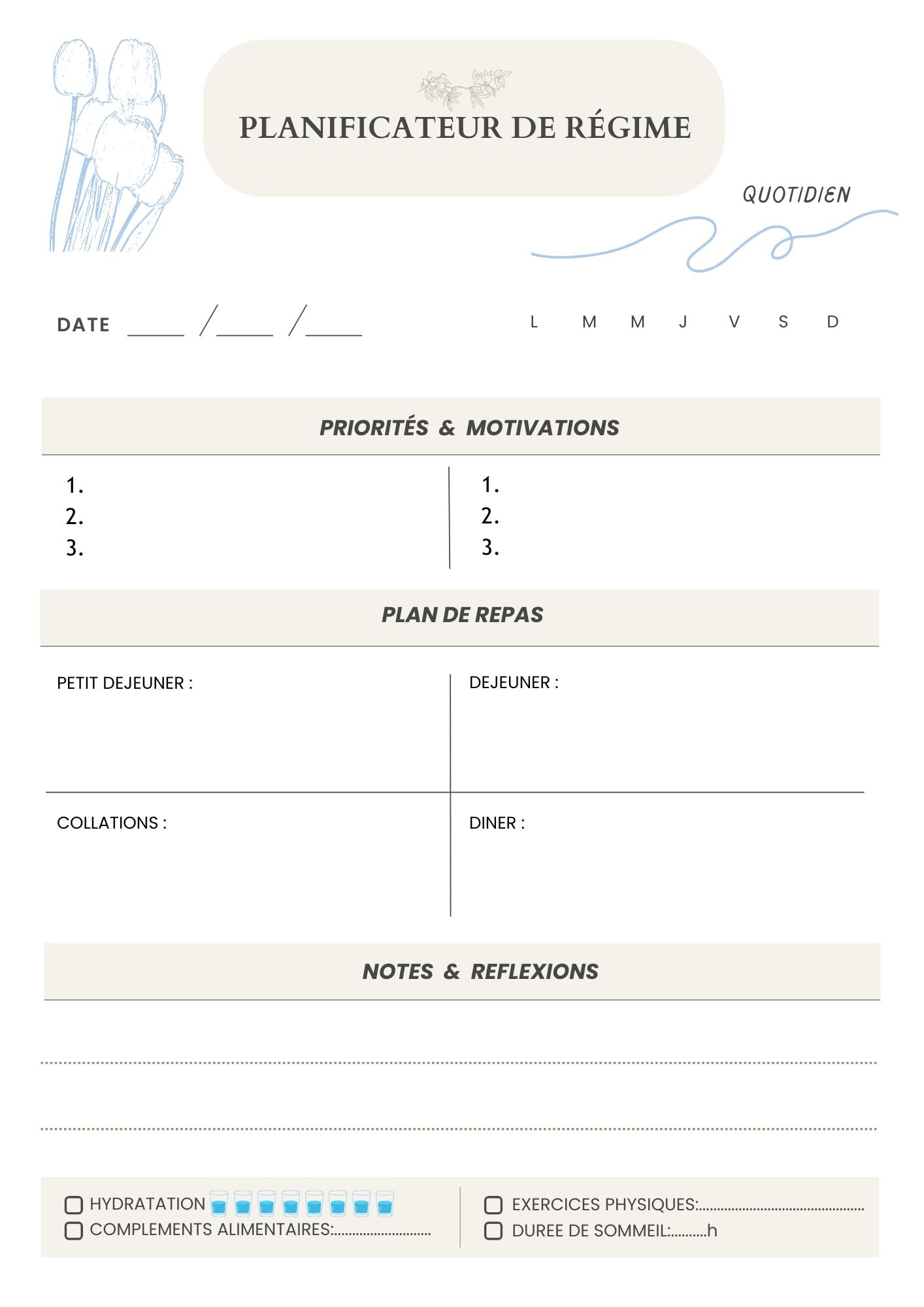 Planner de suivi de régime – Quotidien